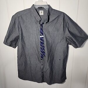 Marc Ecko Cut‎ & Sew +Me Shirt Button Short Sleeve Cotton L Large Grey Blue MEN